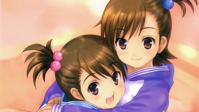 Two Girls Hugging — Purple, Warm, Sunset
