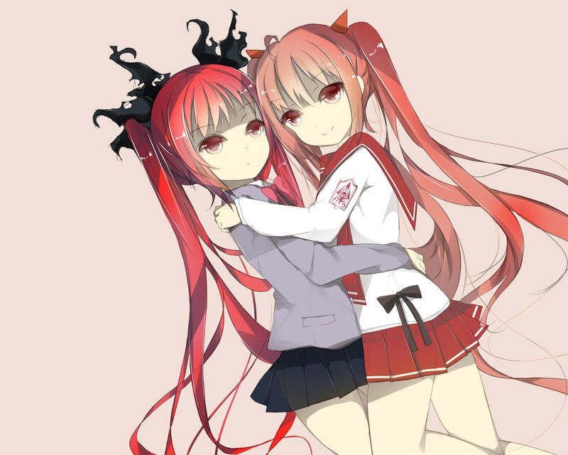 Two Girls Hugging — Red, Affectionate, Anime, School Uniforms