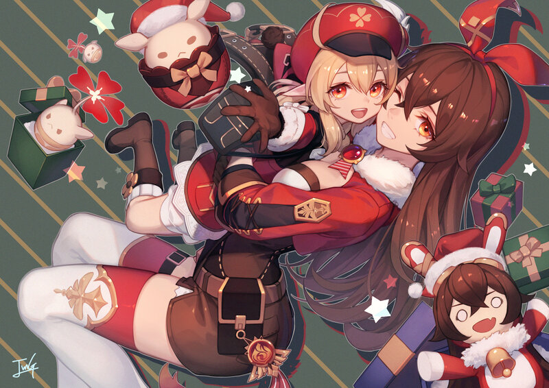 Two Girls Hugging — Red, Festive, Winter