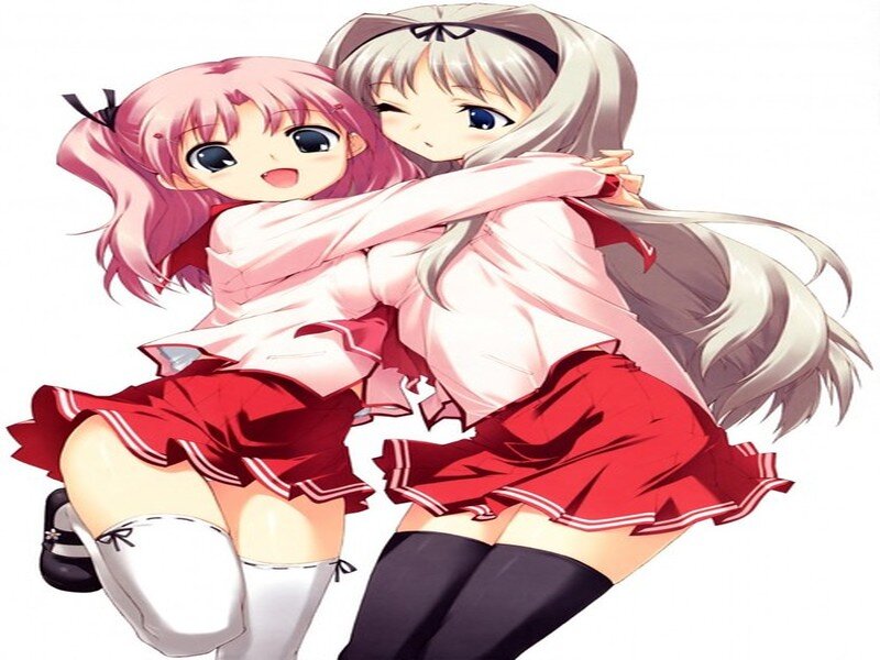 Two Girls Hugging — Red, Happy, Anime