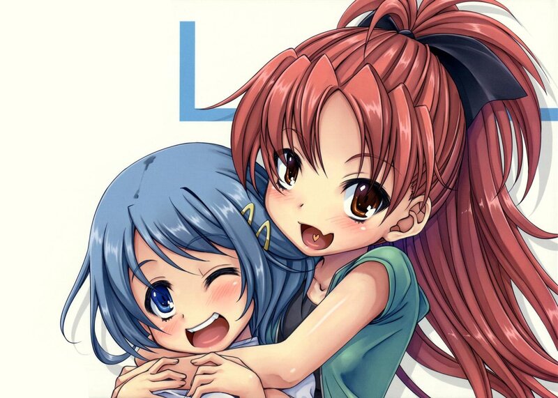 Two Girls Hugging — Red, Happy, Cheerful