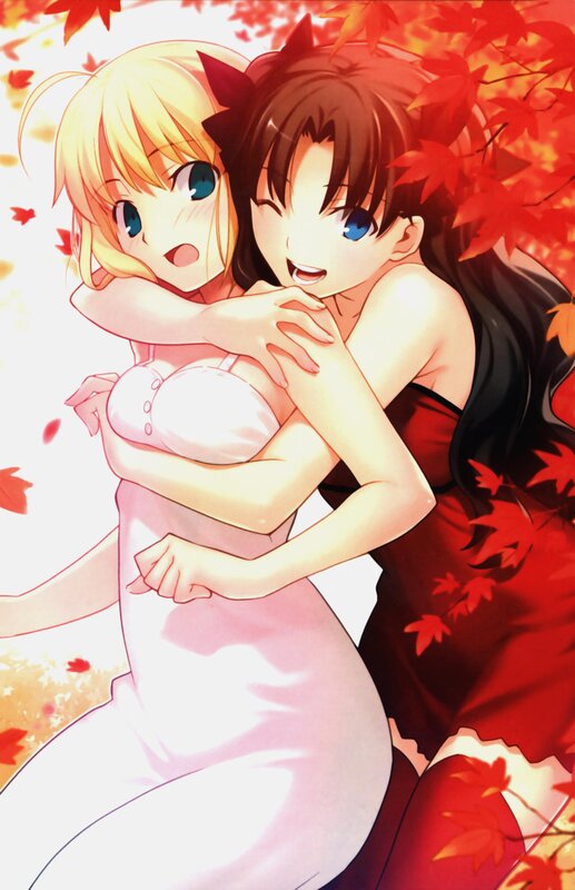 Two Girls Hugging — Red, Joyful, Autumn