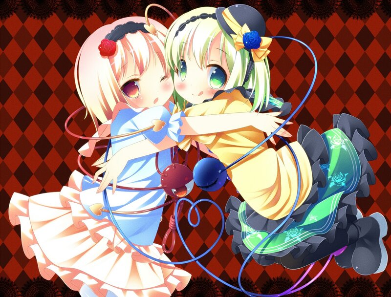 Two Girls Hugging — Red, Playful, Anime, Dresses