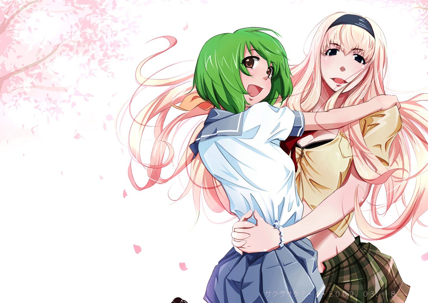 Two girls hugging under cherry blossoms