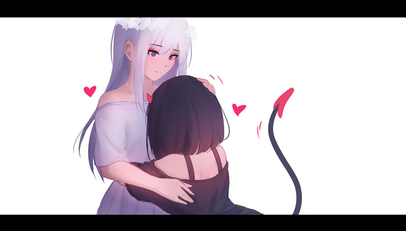Two Girls Hugging — White, Affectionate, Anime, Hearts