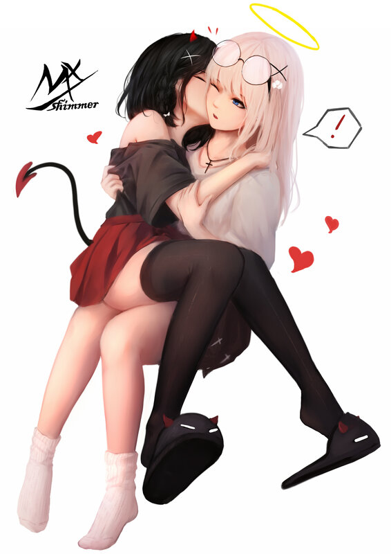 Two Girls Hugging — White, Affectionate, Digital Art