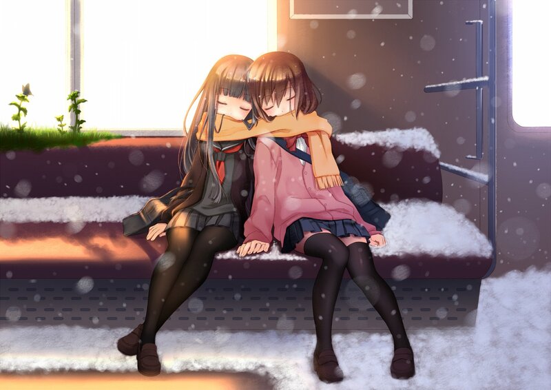 Two Girls Hugging — White, Calm, Winter