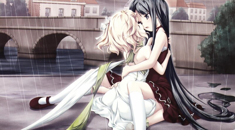 Two Girls Hugging — White, Dramatic, Anime, Rain