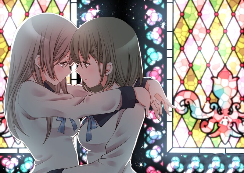 Two Girls Hugging — White, Intimate, Night