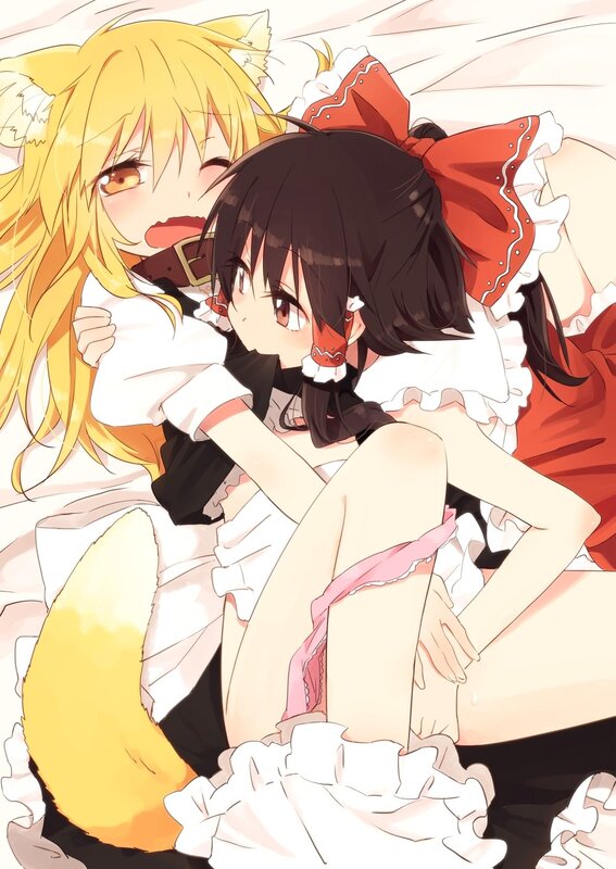 Two Girls Hugging — White, Playful, Anime, Fox Ears