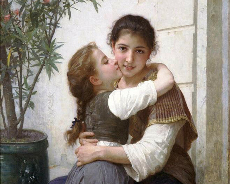 Two Girls Hugging — White, Tender, Painting