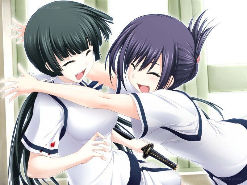 Two girls hugging with a sword