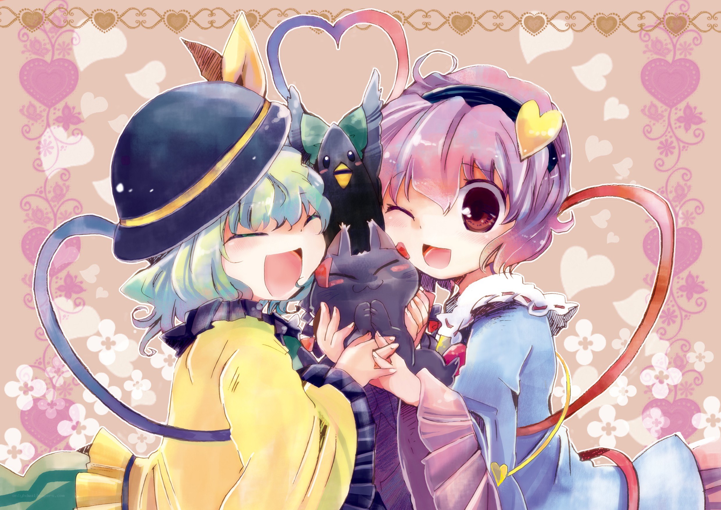 Two girls hugging with animals