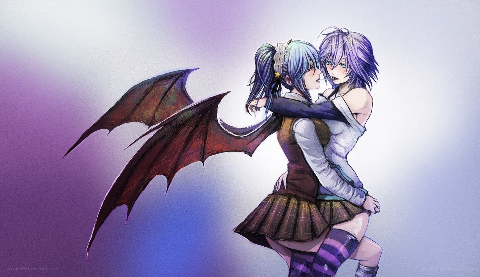 Two girls hugging with wings