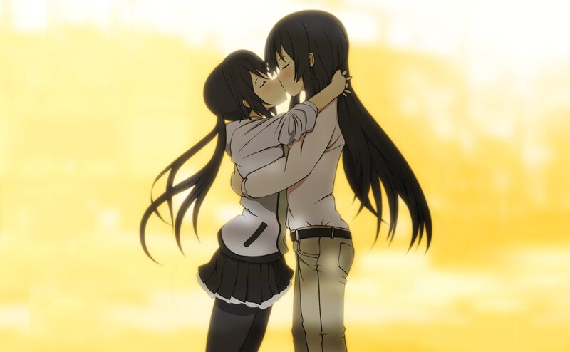 Two Girls Hugging — Yellow, Romantic