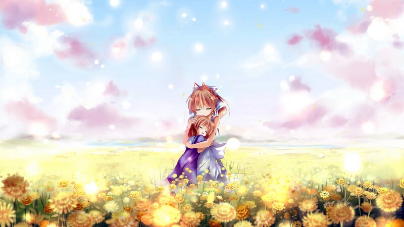 Two Girls Hugging — Yellow, Serene, Afternoon, Anime, Flowers, Field