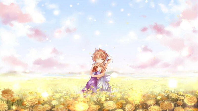 Two Girls Hugging — Yellow, Serene, Afternoon, Anime, Flowers, Sky
