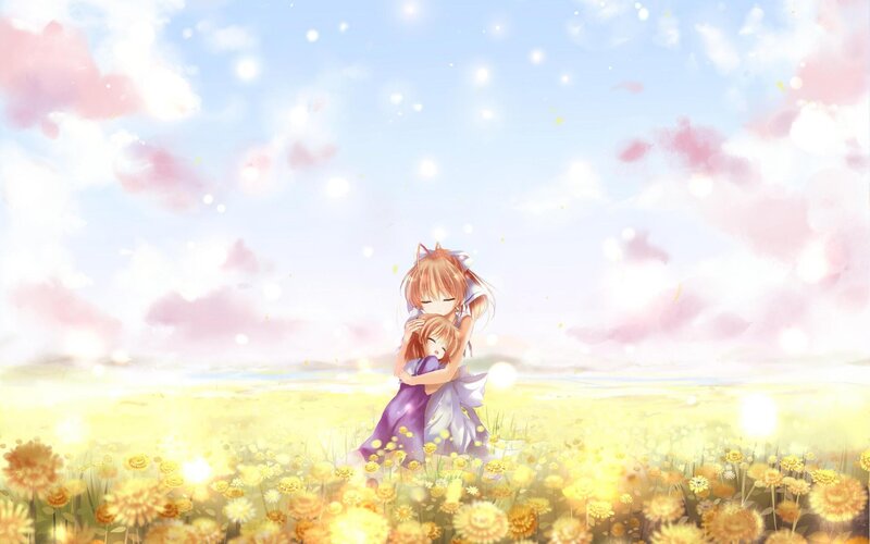Two Girls Hugging — Yellow, Serene, Afternoon, Anime, Flowers
