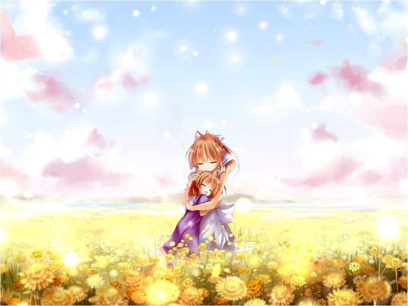 Two Girls Hugging — Yellow, Serene, Afternoon, Anime