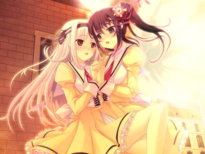 Two Girls Hugging — Yellow, Warm, Sunset, Anime