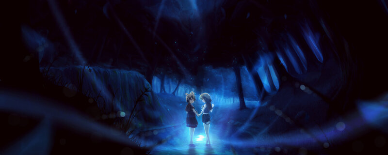 Two girls in a blue forest