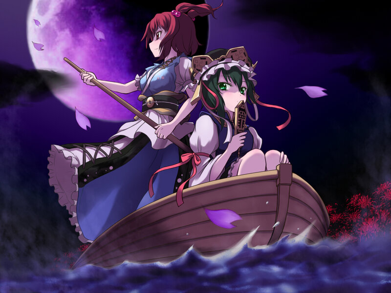 Two girls in a boat at night