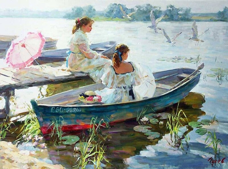 Two Girls in a Boat — Blue, Serene