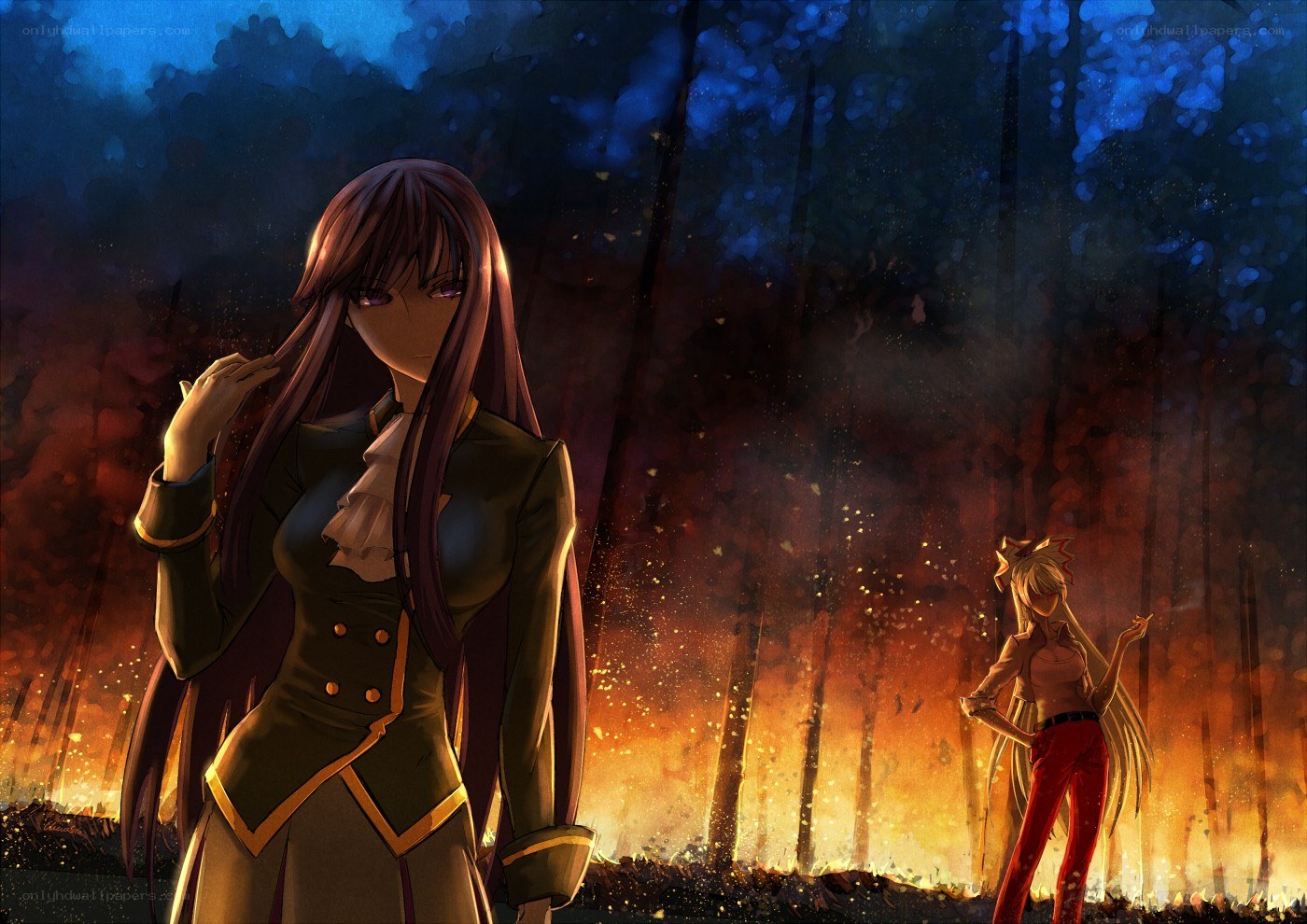 Two girls in a burning forest