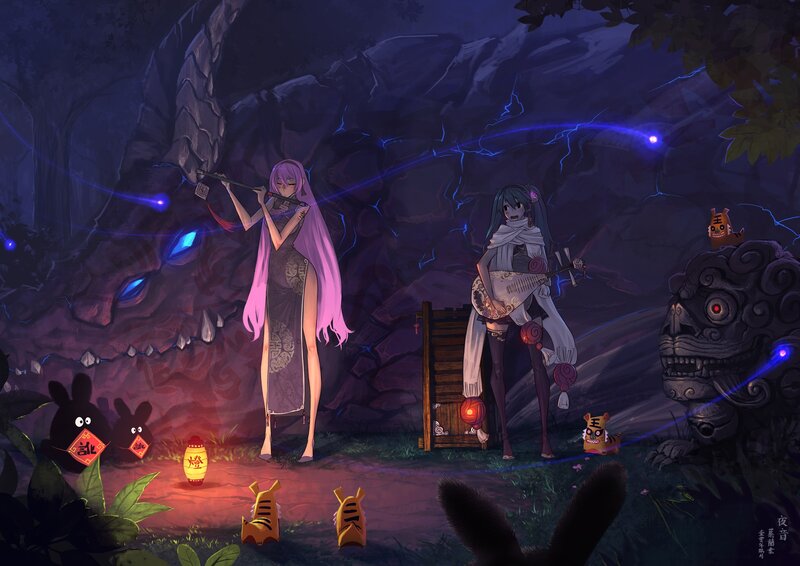Two girls in a cave at night