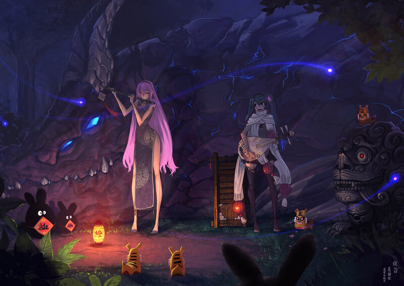 Two girls in a cave at night