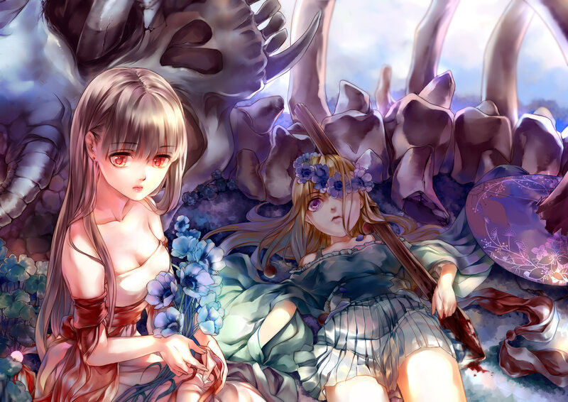 Two Girls in a Cave — Purple, Dramatic, Digital Art