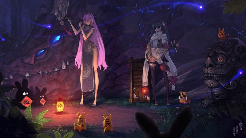 Two girls in a cave with lanterns