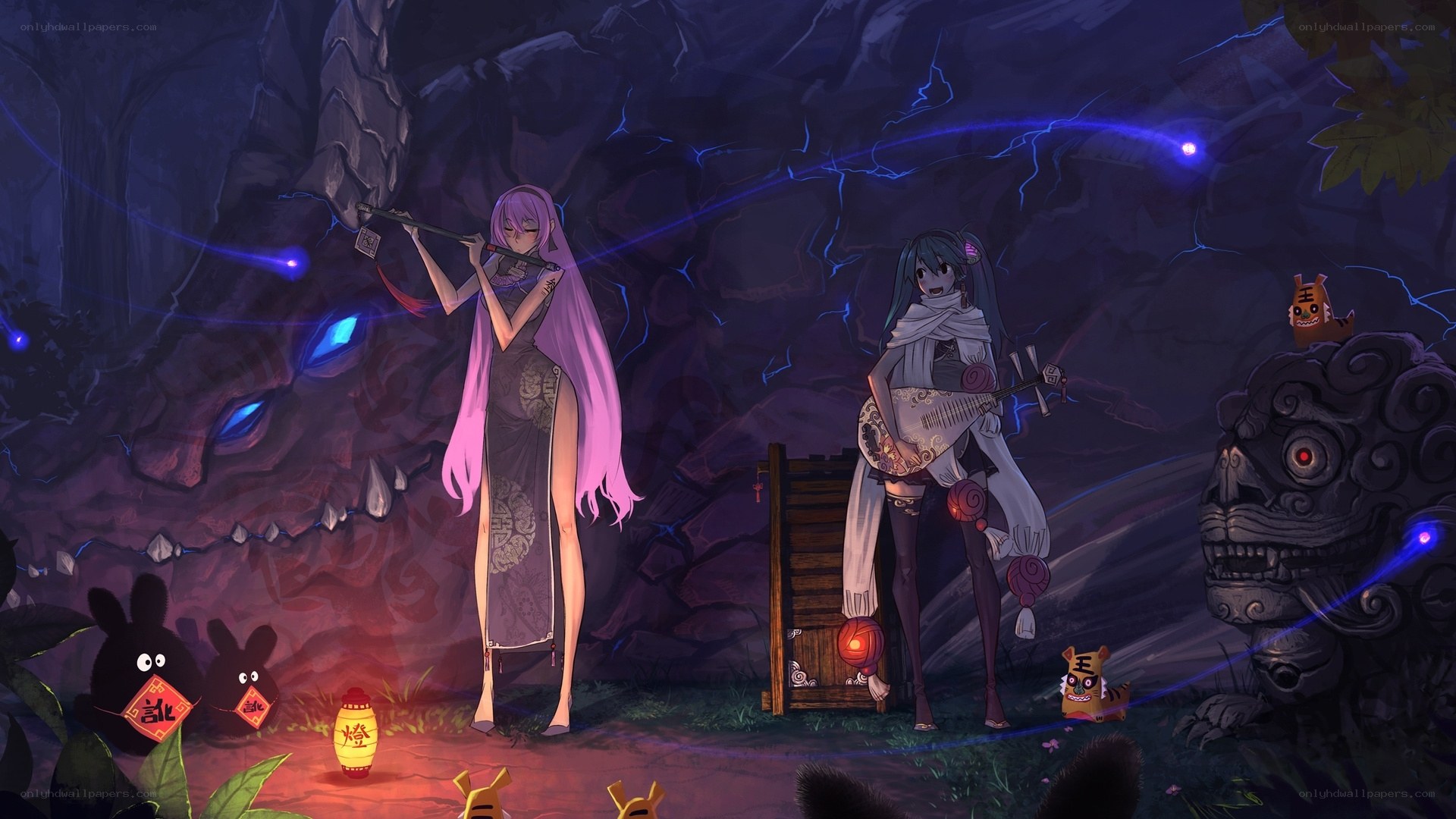 Two girls in a cave with lanterns