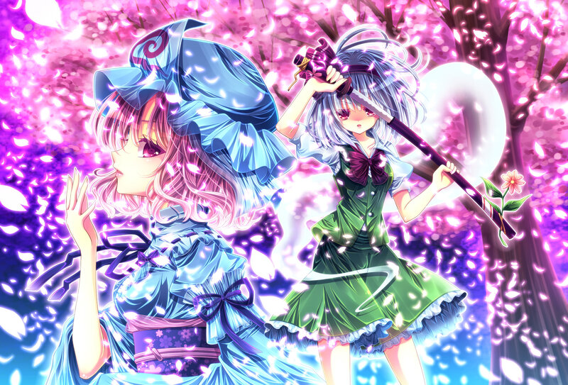 Two girls in a cherry blossom field
