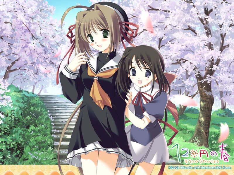 Two girls in a cherry blossom garden