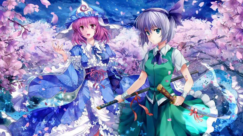 Two girls in a cherry blossom garden