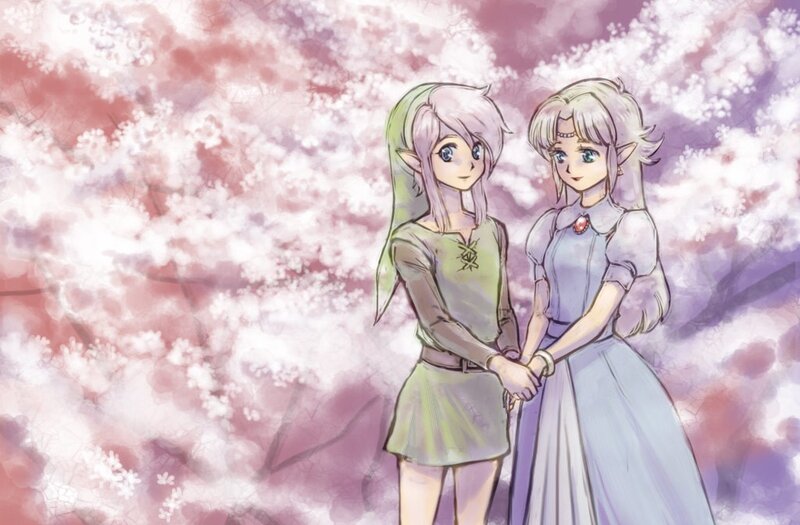Two girls in a cherry blossom garden