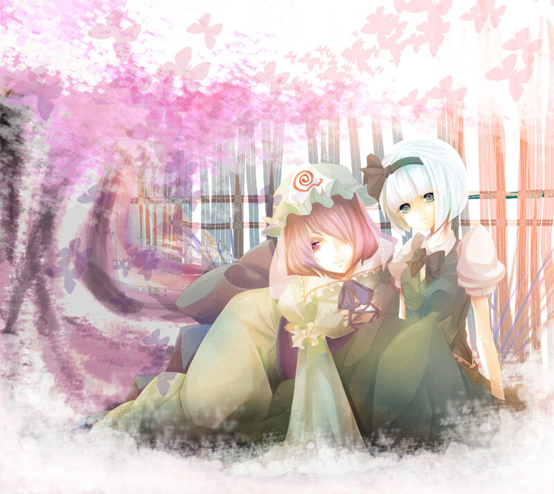 Two girls in a cherry blossom garden