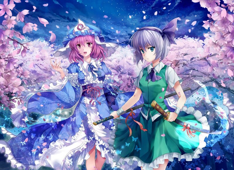 Two girls in a cherry blossom garden