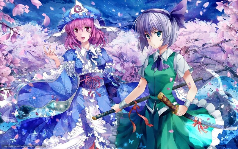 Two girls in a cherry blossom garden