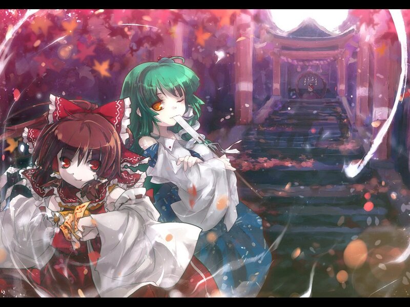 Two girls in a cherry blossom shrine