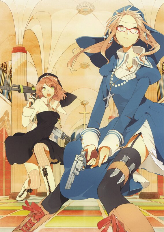 Two girls in a church with guns