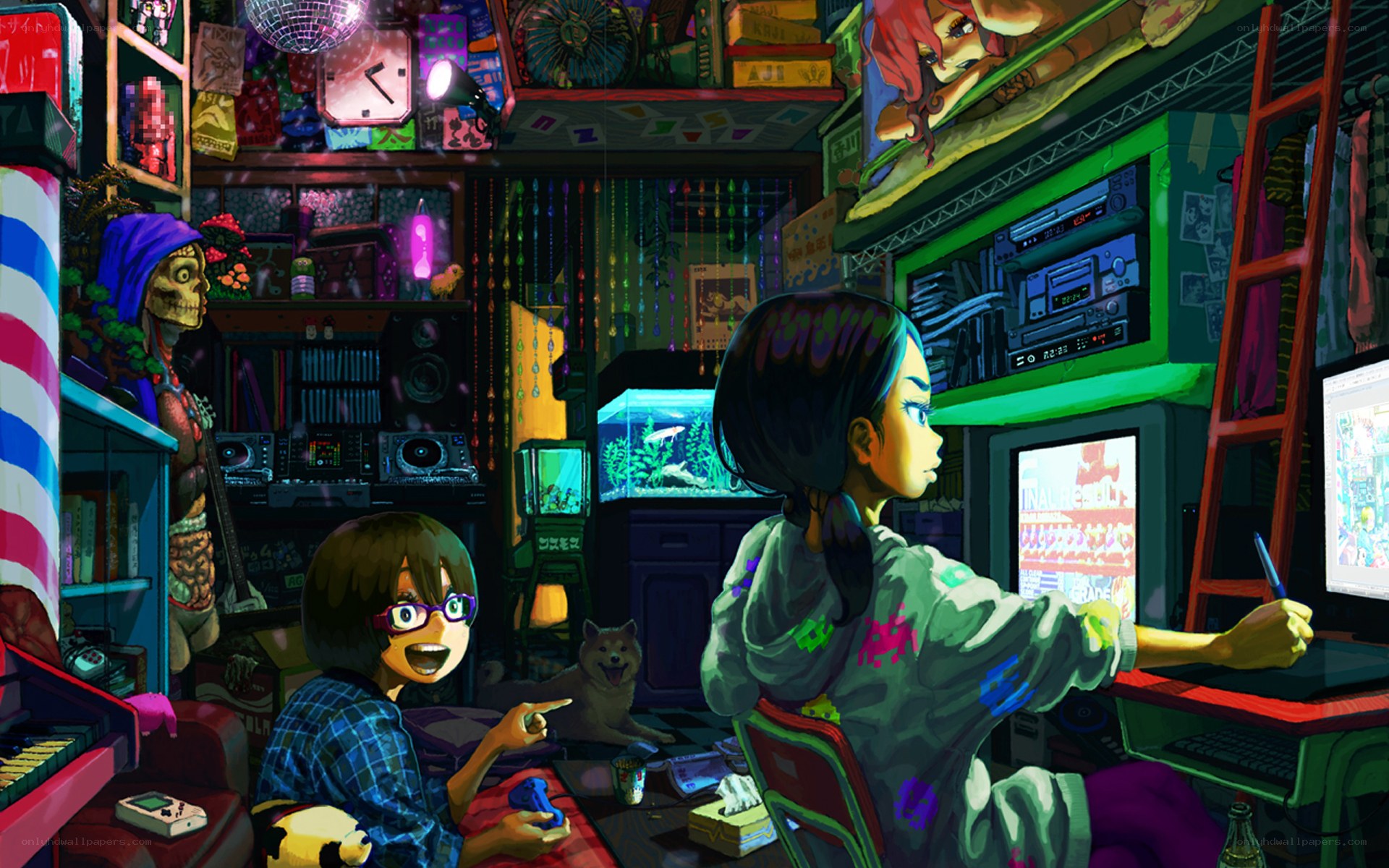Two girls in a cluttered room