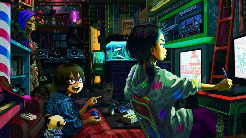 Two girls in a cluttered room
