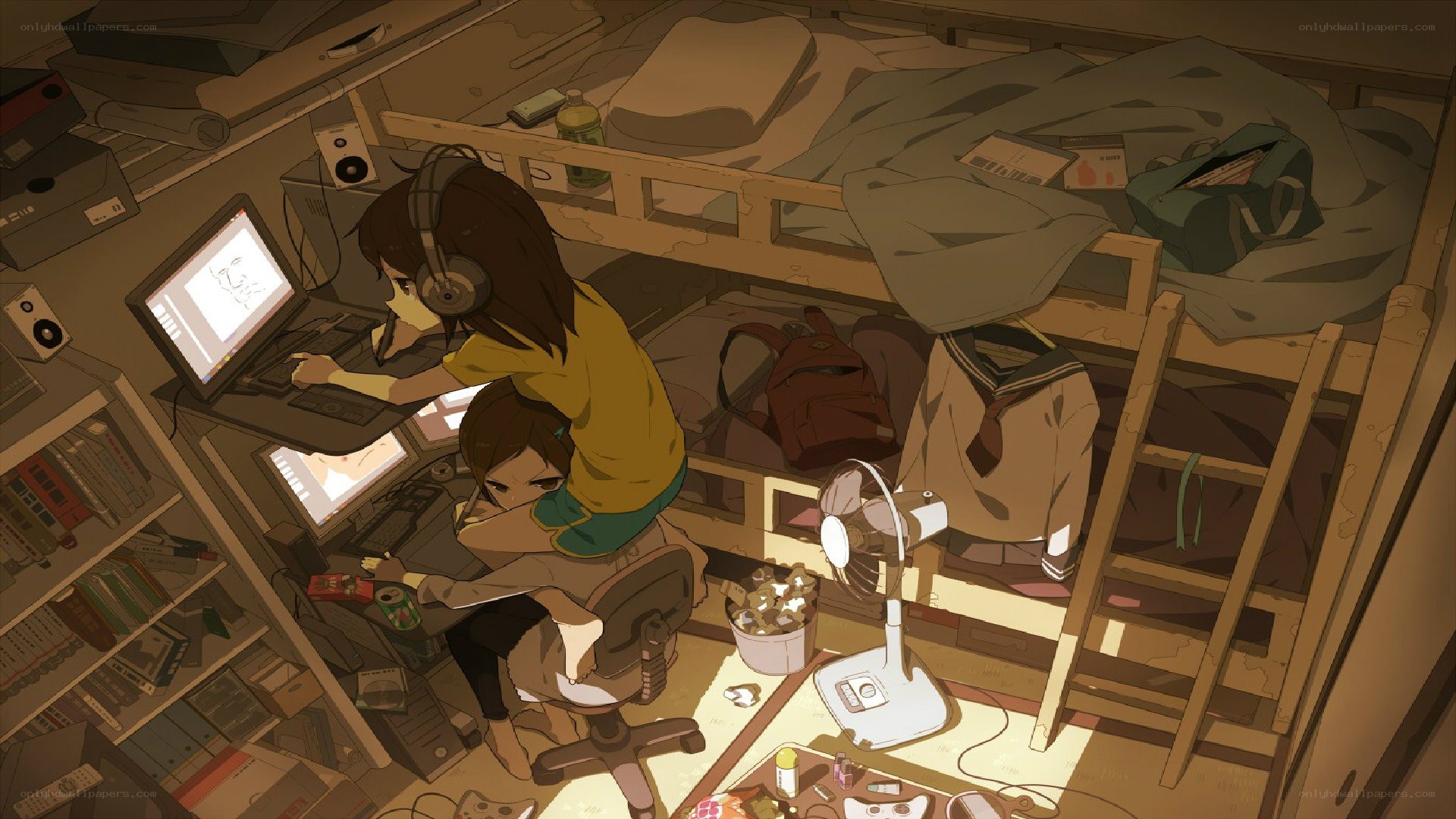 Two girls in a cluttered room