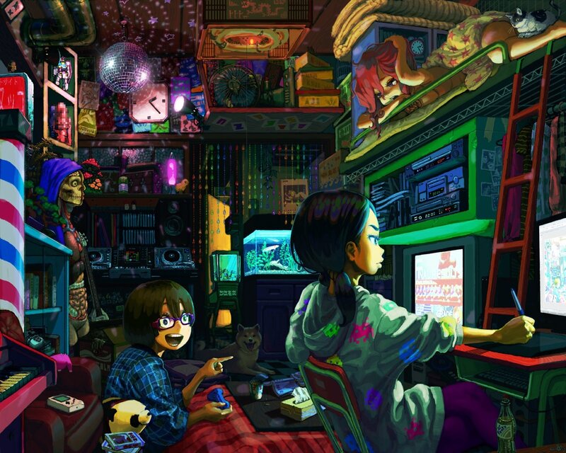 Two girls in a cluttered room