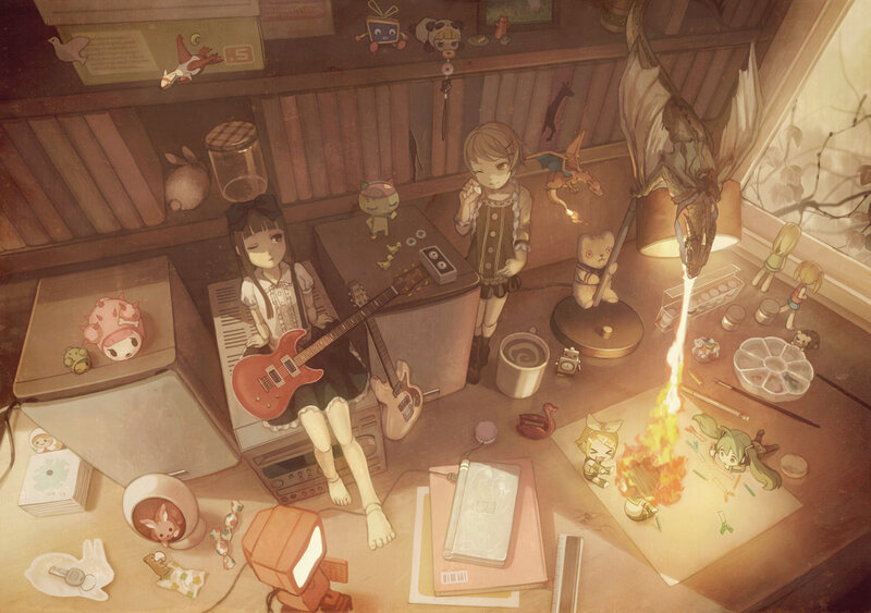 Two Girls in a Cluttered Room — Brown, Chaotic, Digital Art, Guitar