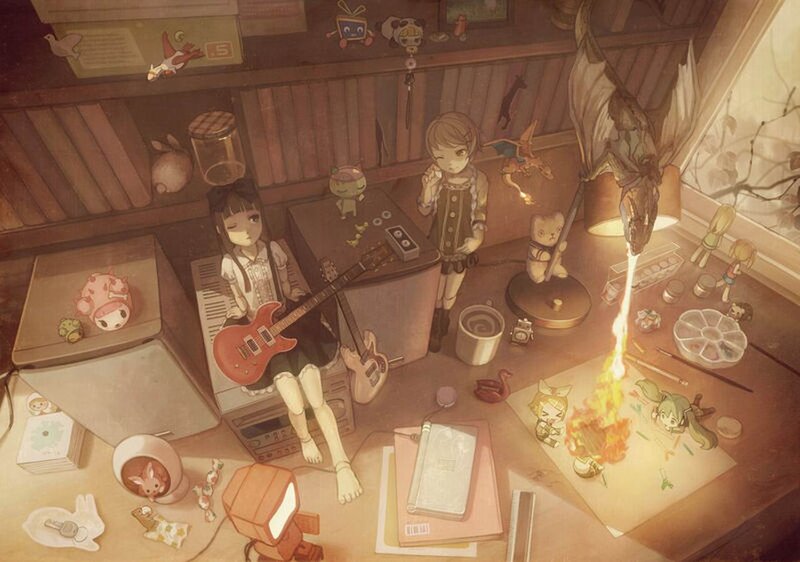 Two Girls in a Cluttered Room — Brown, Chaotic