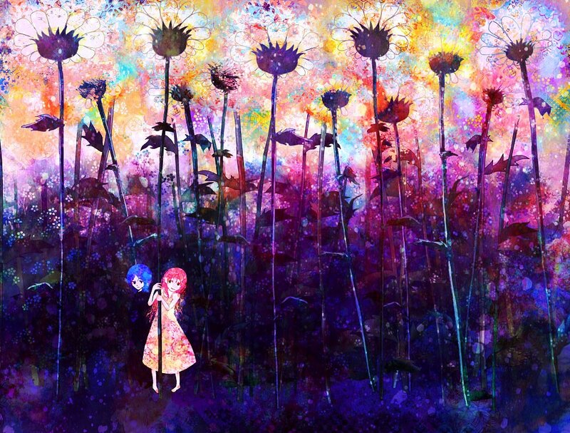 Two girls in a colorful flower field