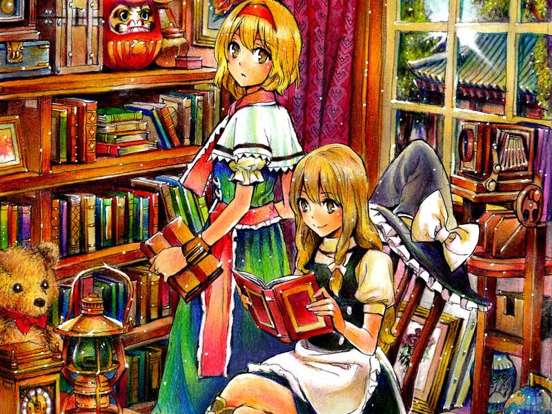 Two girls in a cozy library